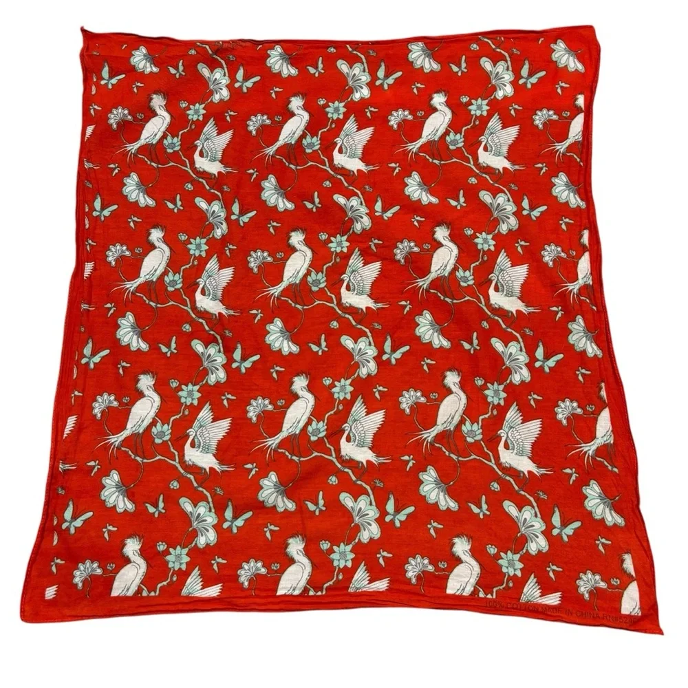Ladies Vintage Square Red Scarf Bird and Floral Print 100% Cotton